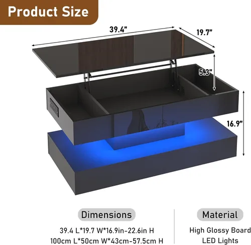 Miniatura 2 de 39.4" Mesa de café grande con tapa elevable, modernas mesas de café LED de alto brillo para sala de estar con almacenamiento, mesas de salón negras