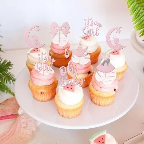Miniatura 5 de 24 piezas de adornos para cupcakes con lazo con purpurina, vestido de luna Oh Baby para revelación de género, baby shower, fiesta de cumpleaños