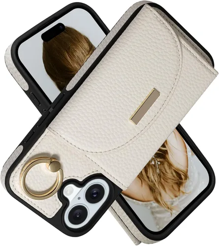 Miniatura 23 de Funda tipo cartera para iPhone 15 Pro de 6.1'', funda plegable con ranuras para tarjetas, soporte con anillo y atril, cubierta protectora tipo folio