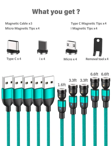 Miniatura 7 de Cable de carga magnético (paquete de 5, 1.6/3.3/3.3/6.6/6.6 pies)/cable de carga magnético USB C giratorio de 360° y 180°/cable de carga