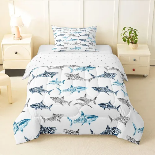 Miniatura 51 de Erosebridal Juego de edredón de tiburón, tamaño individual, juego de ropa de cama de vida oceánica para niños y niñas, color verde azulado