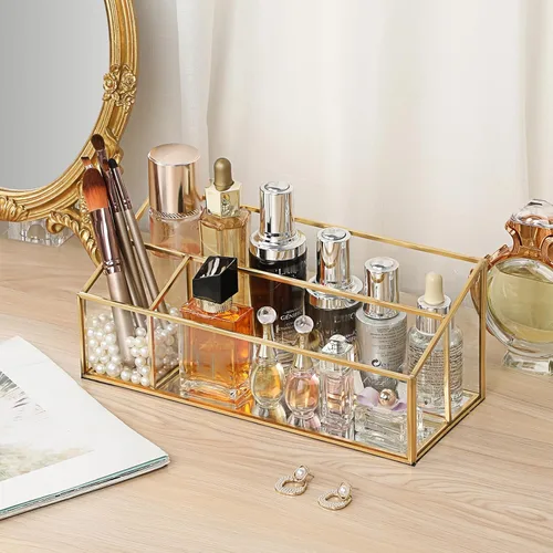 Miniatura 2 de Hipiwe Organizador de maquillaje para encimera, vitrina de cosméticos de vidrio dorado, soporte de almacenamiento de tocador de 3 ranuras
