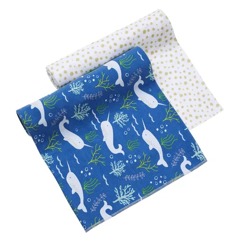 BreathableBaby Paquete de 2 mantas y envolturas activas, narval y puntos dorados, tela ligera de alta calidad, 47 x 47 pulgadas, manta multiusos