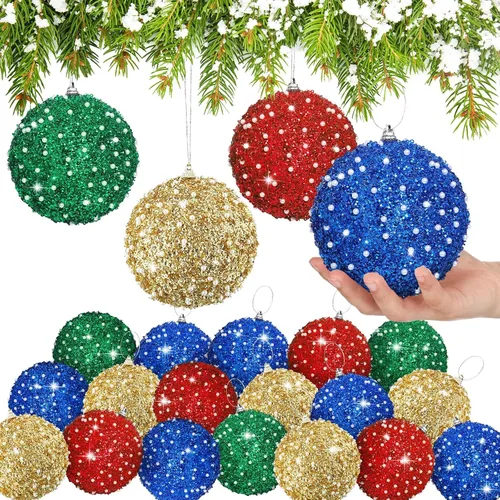 Miniatura 12 de Lyrow 24 piezas 3.15" Juego de adornos de bola de Navidad con purpurina, bola de espuma con lentejuelas colgante, decorativa, en masa, para árbol