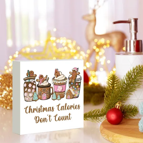Miniatura 5 de Decoración navideña de cafetería, decoraciones navideñas divertidas retro, lazo rosa, letrero de calorías de pan de jengibre, regalo para mujeres