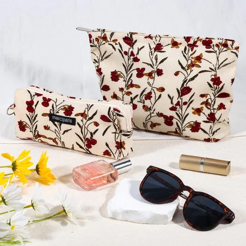 Miniatura 7 de Juego de 2 bolsas de maquillaje de flores con diseño floral para viajes para mujeres y niñas, bolsa de maquillaje grande con cremallera pequeña