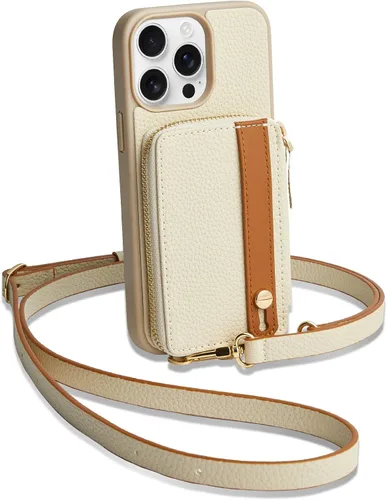 LAMEEKU Funda tipo cartera para iPhone 14 Pro Max con soporte para tarjetas, funda cruzada de cuero con cremallera con soporte y cordón para