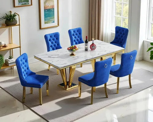 Miniatura 19 de Henf Juego de mesa de comedor de mármol sintético de 68 pulgadas para 6, juego de mesa de comedor de 7 piezas con 6 sillas copetudas de terciopelo