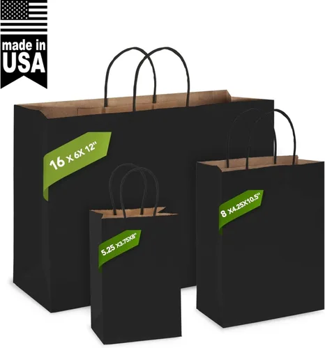 Miniatura 3 de MESHA Bolsas de regalo de papel kraft negro de 8 x 4.25 x 10.5 pulgadas con asas, paquete de 50 bolsas de compras recicladas reutilizables a granel