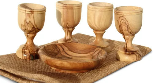 Miniatura 10 de Copa de Comunión de Madera de Olivo Tallada a Mano de 4.5 Pulgadas con Bandeja para Pan – Pequeña Copa Kiddush para Eucaristía, Santa Comunión