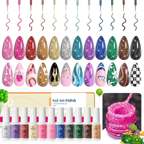Miniatura 9 de beetles Gel Polish 12 piezas de esmalte de gel blanco nude, rojo y verde, pintura en remolino, arte de uñas en gel, pincel fino integrado