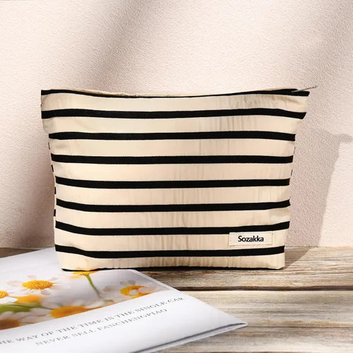 Miniatura 8 de SOIDRAM 2 Piezas Bolsa de Maquillaje Grande con Rayas, Bolsa de Cosméticos de Gran Capacidad, de Lona, Bolsa Organizadora de Artículos de Tocador