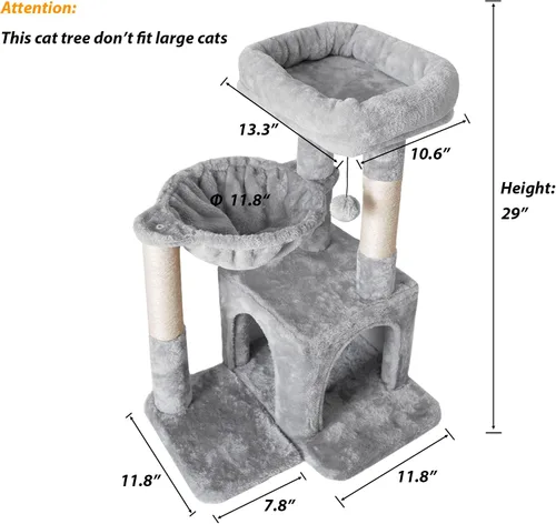 Miniatura 2 de Pesofer - Árbol para gatos, torre pequeña para gatos con poste de rascar de sisal y hamaca, gris claro