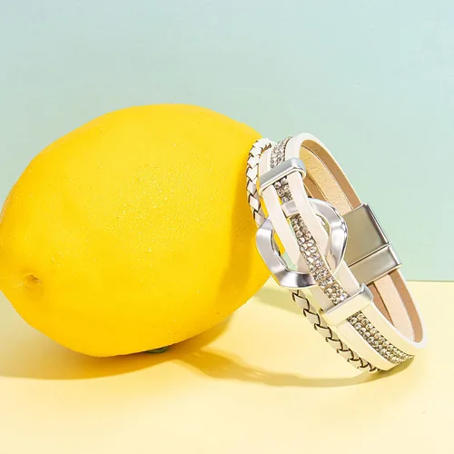 Miniatura 4 de FANCY SHINY Pulsera de cuero con diamantes de imitación circular, apilable, multicapa, con cierre, joyería bohemia, regalo para mujer