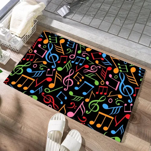 Tapete de bienvenida colorido con notas musicales, tapete de bienvenida de perfil bajo, absorbente, tapete antideslizante para el hogar, interior y