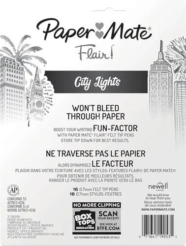 Miniatura 8 de Paper Mate Flair - Bolígrafos metálicos de punta de fieltro, colección City Lights, colores surtidos brillantes, tinta premium, 16