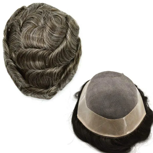 Miniatura 30 de Peluca de cabello humano monofilamento fino para hombre tipo tupé de polietileno alrededor del sistema de cabello, peluca duradera de monofilamento