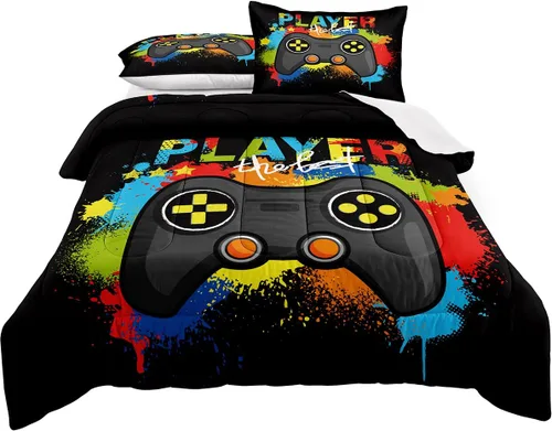 Miniatura 11 de Juego de ropa de cama para videojuegos tamaño individual, juego de edredón gamer para niños, niñas y adolescentes, microfibra suave, coloridos