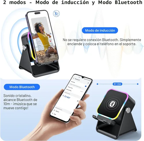 Miniatura 3 de Altavoz de inducción con soporte para teléfono 5 en 1 Audio inalámbrico de inducción Bluetooth para iPhone Android Altavoz con amplificador con luz