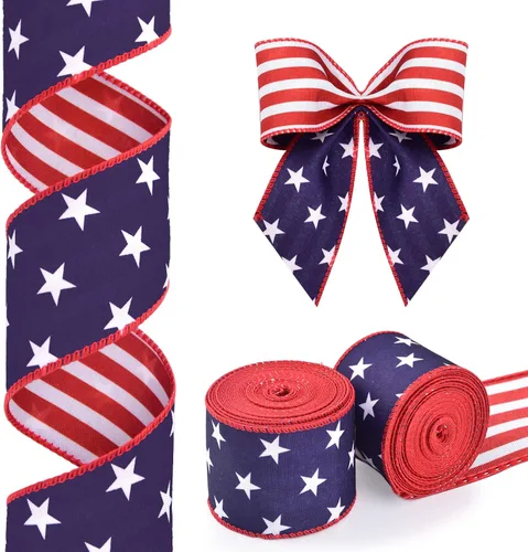 2 rollos de cinta patriótica con borde con alambre, estrellas y rayas, cintas reversibles, color rojo, blanco y azul, cinta decorativa para el 4 de