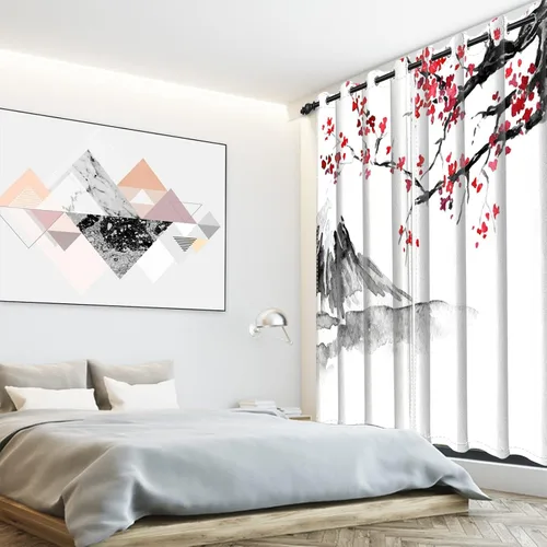 Miniatura 78 de Cortinas japonesas con pintura de tinta, monte Fuji, sol rojo, puesta de sol, hojas de bambú, cortinas de ventana para dormitorio, sala de estar