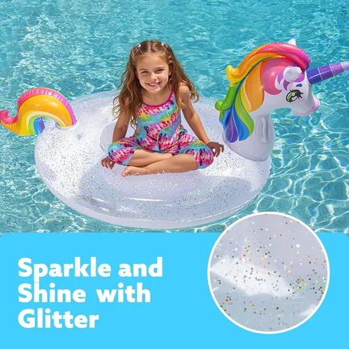 Miniatura 2 de JOYIN Flotador de piscina de unicornio para niños, inflable de unicornio arcoíris con purpurina, flotadores divertidos para montar en la playa