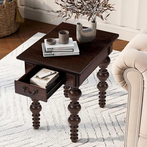 Miniatura 5 de Homora Mesa auxiliar rectangular de madera con cajón de almacenamiento, mesa de cóctel vintage con patas de madera maciza en forma de calabaza, mesa