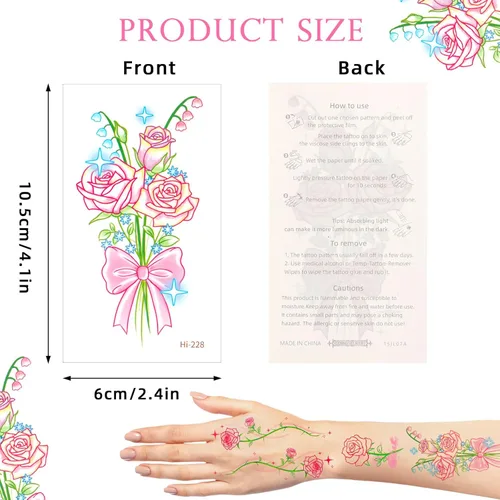Miniatura 3 de Konsait 18 hojas de tatuajes temporales que brillan en la oscuridad para mujeres y niñas, tatuajes de luz azul y negra, tatuaje de flores