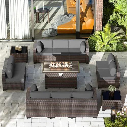 Miniatura 31 de Gotland Juego de muebles de patio de 8 piezas con mesa con fogón, muebles de ratán para exteriores para todo tipo de clima con respaldo alto de 2