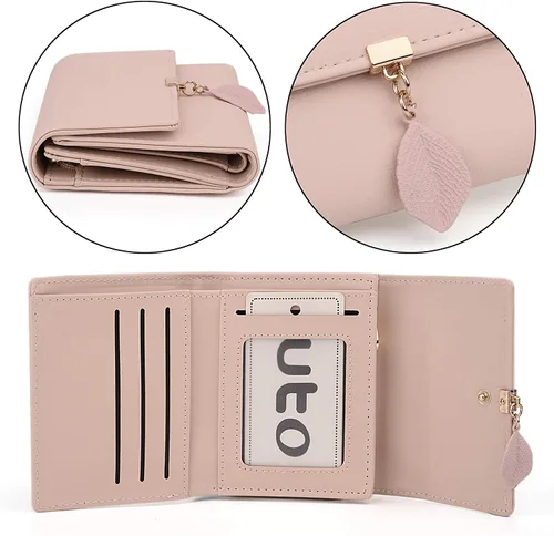 Miniatura 98 de UTO - Cartera pequeña RFID de piel sintética con dije de hoja, cierre de cremallera y tarjetero.