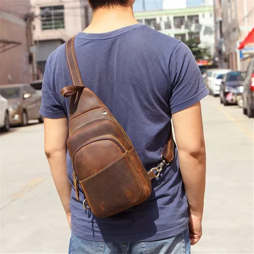 Miniatura 5 de Ztimi Bolso de pecho de cuero retro para hombre, bolso de mensajero de moda, mochila de cuero para hombre (color A Tamaño 11.8 x 4.7 x 7.1in)