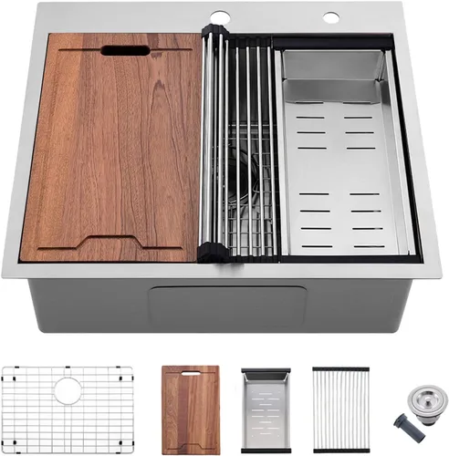 Miniatura 11 de Estación de trabajo de fregadero de cocina de 33 pulgadas - VOKIM 33 x 22 pulgadas, fregadero de cocina de montaje superior de 16 calibre, fregadero