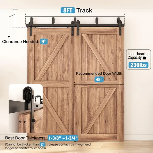 Miniatura 2 de ZEKOO Kit de herrajes para puerta corredera de granero de doble riel bypass de 8 pies para 2 puertas, kit de riel de puerta de granero bypass, techo