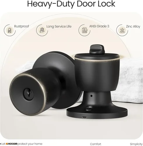 Miniatura 5 de HOSOM - Paquete de 1 perilla de puerta con cerradura y llave, perillas de puerta exterior color negro mate para dormitorio y baño, perilla de puerta