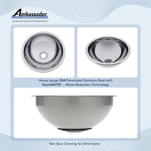 Miniatura 2 de AMBASSADOR MARINE GRADE 304 Fregadero de media esfera de acero inoxidable, 11-1/2 pulgadas de diámetro. x 4 1/2 pulgadas de profundidad, acabado
