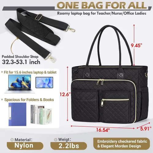 Miniatura 5 de RAINSMORE Bolsa de mano para profesores, bolsa de computadora portátil de 15.6 pulgadas para mujer, bolsas de trabajo, bolsa de enfermera, bolsa