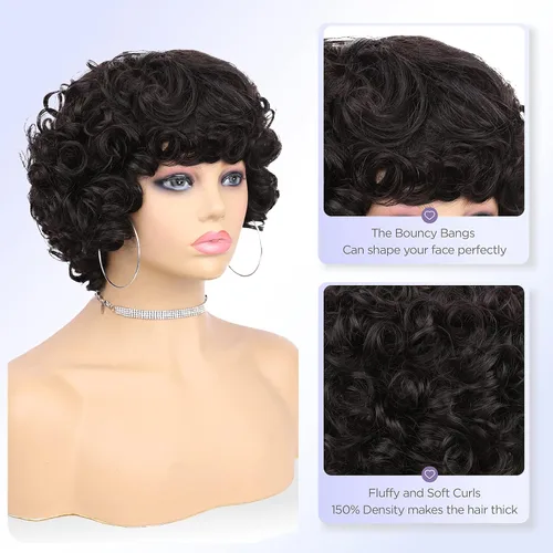 Miniatura 5 de Pelucas de cabello humano corto rizado Bob peluca para mujeres negras, sin encaje, peluca rizada grande con flequillo, corte pixie, pelucas Negro