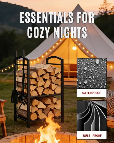 Miniatura 6 de Breeze Touch Estante de leña de 29 pulgadas con 4 herramientas para chimenea, soporte de troncos resistente de 5 piezas para chimenea