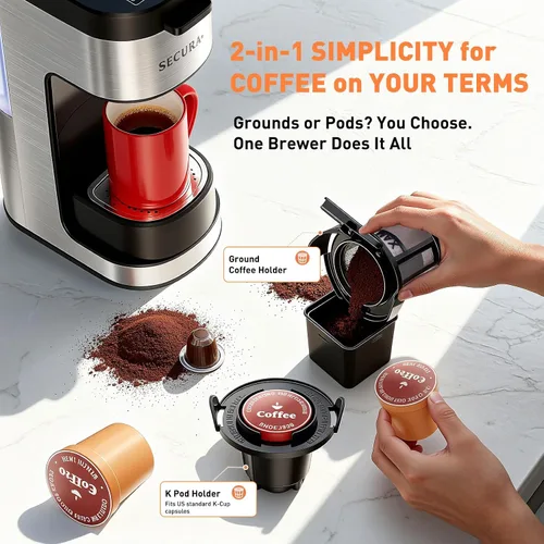 Miniatura 3 de Secura Cafetera de una sola porción K Cup y cafetera molida 2 en 1 con 3 modos de preparación, depósito extraíble y bandeja de goteo, tamaños