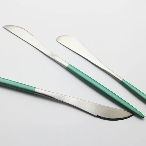 Miniatura 7 de JASHII Matte Modern - Juego de cubiertos de acero inoxidable 304 con mango redondo verde, juego completo de lujo que incluye cuchillo