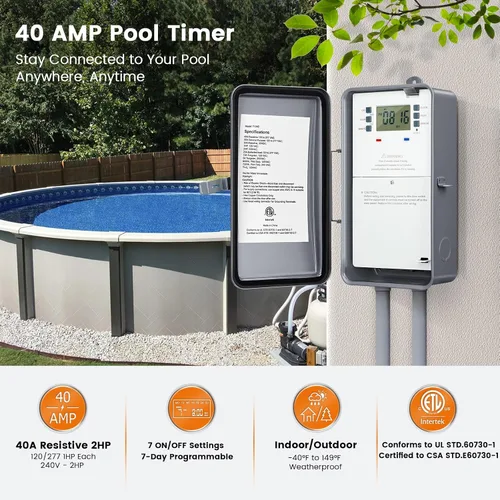 Miniatura 2 de SURAIELEC Temporizador para alberca, temporizador digital de 7 días y 24 horas para bomba de piscina, 40 AMP de servicio pesado, 120/240/277 VAC
