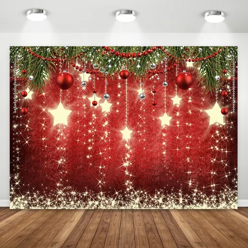 Miniatura 3 de Telón de fondo rojo de Navidad de 7x5 pies con estrellas brillantes para fotos, telón de fondo de Navidad con estrellas brillantes para decoraciones