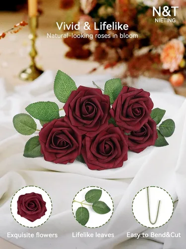 Miniatura 235 de N&T NIETING Flores artificiales, rosas artificiales de color rosa intenso, 50 piezas de flores falsas con tallo para ramos de boda DIY, centros