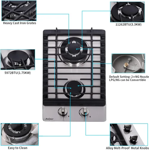 Miniatura 3 de Estufa de Gas de 12 Pulgadas, 2 Quemadores Integrados Tope de Estufa de Gas de Acero Inoxidable LPG/NG Convertible de Combustible Dual Placa de Gas