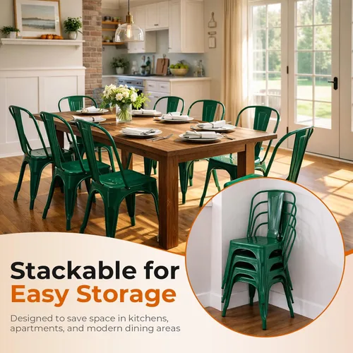 Miniatura 4 de Juego de 8 sillas de comedor de metal verde alpino, sillas de cocina apilables retro estilo granja, sillas laterales de acero verde oscuro para café