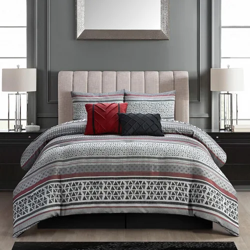 Miniatura 8 de Grand Avenue Juegos de cama con diseño geométrico negro/rojo, tamaño Queen con edredón, 7 piezas, funda de almohada, falda de cama, almohada