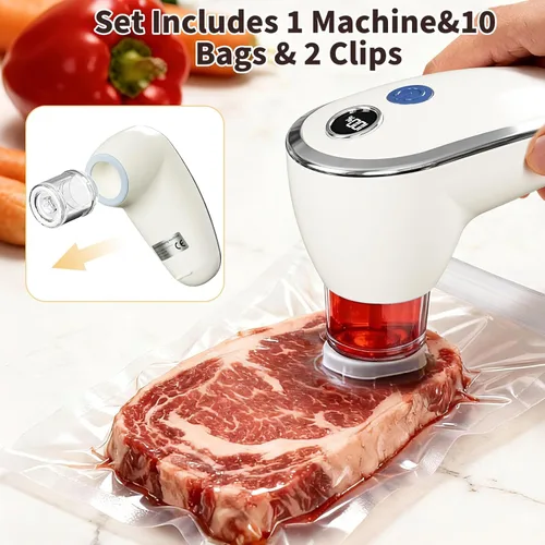 Miniatura 3 de Máquina selladora al vacío compacta para alimentos con 10 bolsas de vacío reutilizables, sella alimentos 5 veces más tiempo, portátil recargable