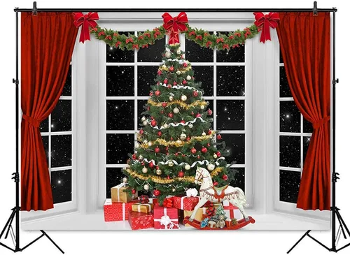 Miniatura 2 de Mocsicka Fondo de fotografía de ventana interior de Navidad, árbol de Navidad, escenario de noche estrellada, fondo fotográfico, familia, niños
