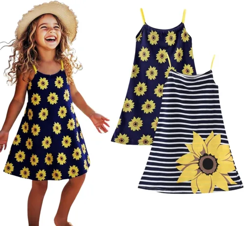 HILEELANG Vestido de verano para niña, sin mangas, de algodón, casual, con tirantes delgados, camiseta de jersey, vestido de playa fresco
