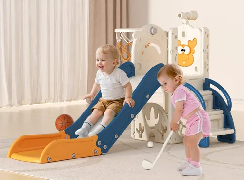 BIERUM Tobogán para niños, juego de 6 en 1 para interiores y exteriores con aro de baloncesto, juego de golf y telescopio, juego de tobogán y Azul y